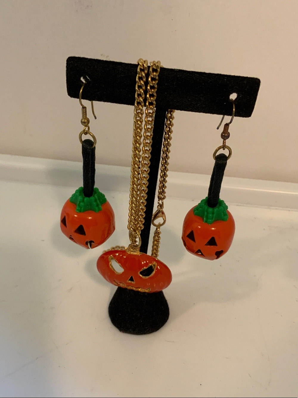 Kids Pumpkin Charm Necklace and Earring Set - Orange